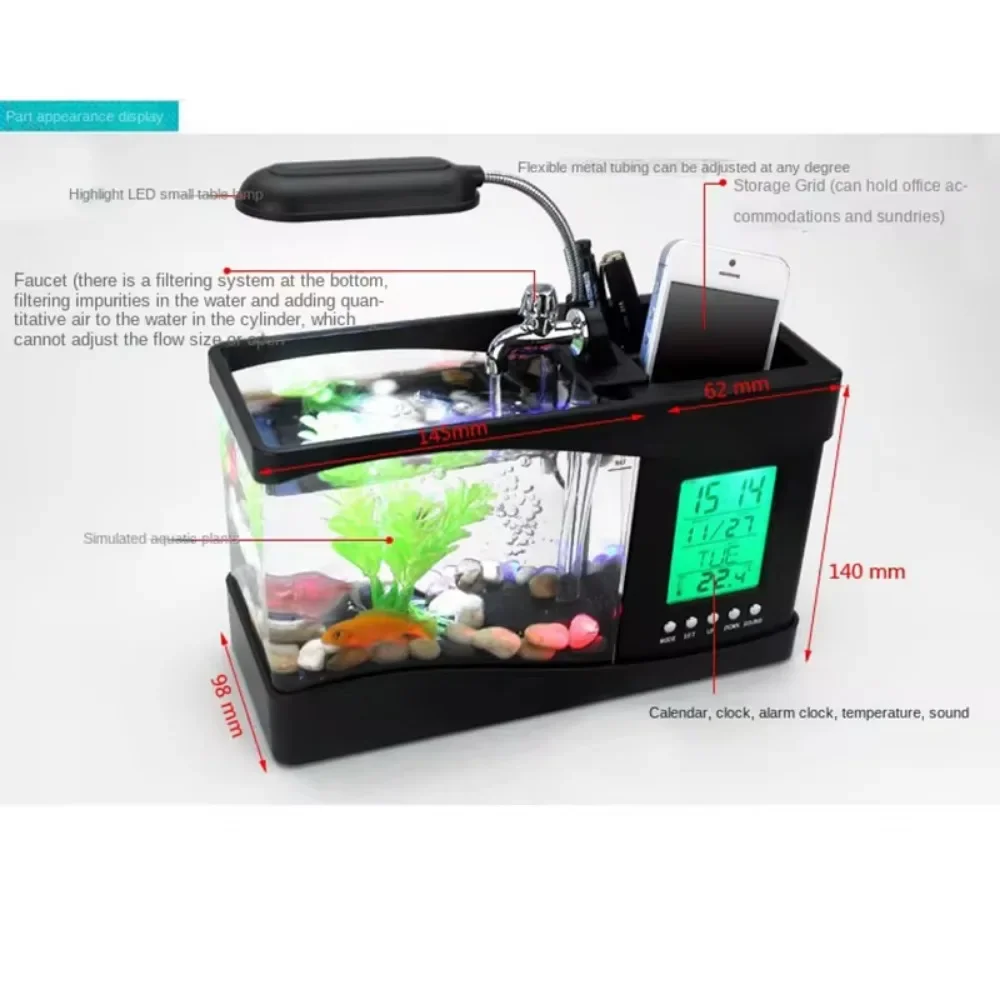 Aquarium Mini Fish Tank with Water Running Pump, Calendar Clock Light, Pen Holder Function,Rechargeable Desktop