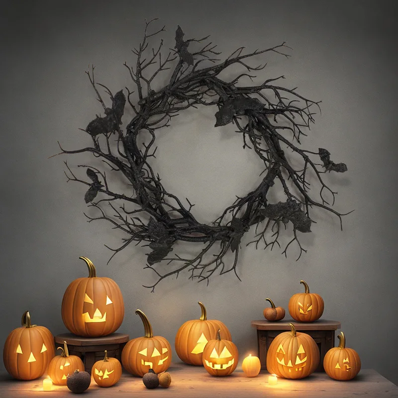 Bat Black Branch Halloween Wreath with LED Light 3 | Bat Black Branch Halloween Wreath with LED Light 3