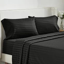 Battilo Luxury Bed Sheets 4-Piece Set - Premium Solid Stripe Bedding with Fitted & Flat Sheets plus Pillowcases - King (Black)