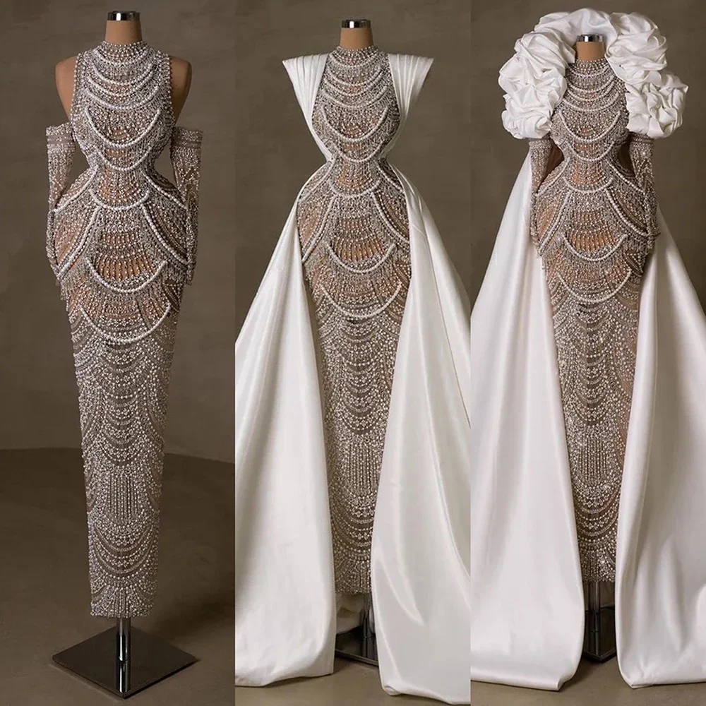 

Arabia Nude White Sheath Pearls Beaded Luxury For Women Wedding Party Gowns 2024 Elegant Dubai Evening Dresses