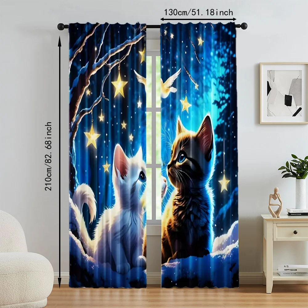 2Pcs Adorable Cat And Star Print Polyester Window Curtains Rod Pocket Design For Easy Hanging Home Decor Perfect For Bedroom 5
