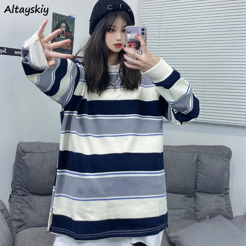 

Sweatshirts Women Cozy Spring Long Patchwork Striped Design Female Clothes Fashion Ins Vintage Harajuku Loose Leisure Outerwear