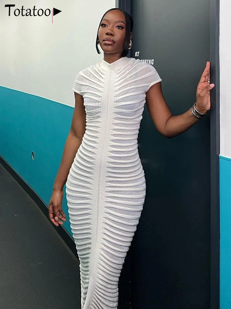 

Totatoop Short Sleeve Striped Knit Dress For Women 2023 Summer Transparent Skinny Long Dress Festival Oversize Vestidos