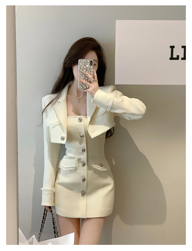 Elegant Autumn New Tweed Two-piece Set Women Long Sleeve Short Jacket Strapless Bodycon Mini Dress Korean Fashion Luxury Outfits