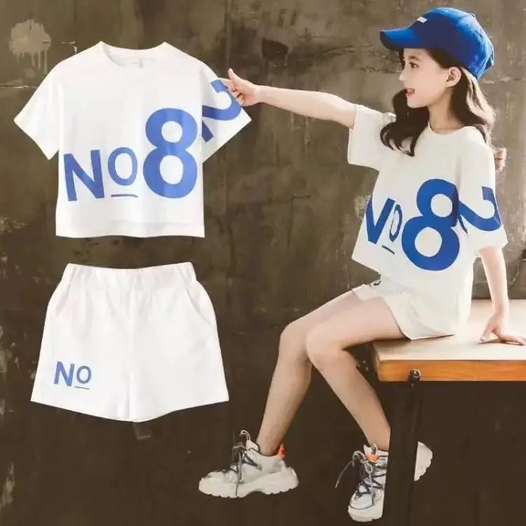 Children Short Sleeve Top +shorts 2pc Girls Summer Suit Teen Sportswear Girls Clothes Sets Boutique Kids Clothing