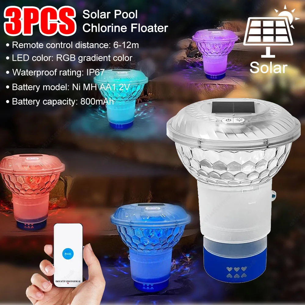 1-3PCS Solar Powered Adjustable Pool Chlorine Dispenser with Colorful Lights Floating Pool Chlorine Dispenser For home Nighttime