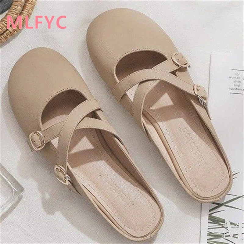 Baotou Half Slippers for Female Outwear 2023 New Summer Retro Art Leisure Lazy Slippers women flat shoes mujer loafers