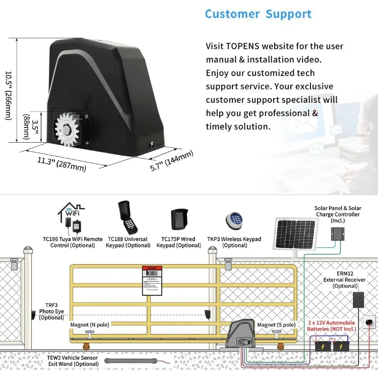 DKR1100ST Solar Sliding Gate Opener Rack Drive Automatic Gate Motor for Heavy Driveway Slide Gates Up to 2600 Pounds, Ele 6