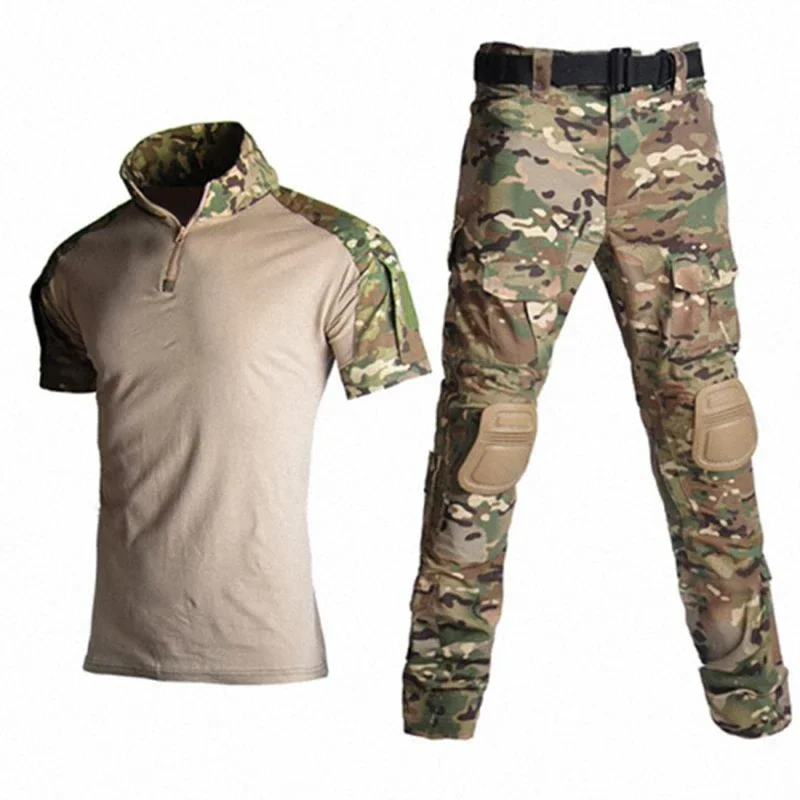 

Tactical Uniform Men Hiking Suit Summer Short Sleeve Shirt + Pants Knee Pads Camouflage Airsoft Paintball Hunting Clothing