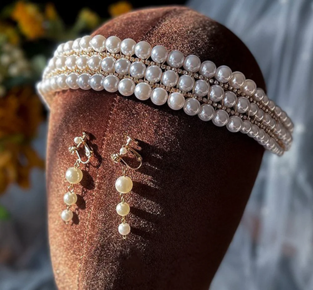 

Elegant Pearl Headbands For Women Wedding Hair jewelry Accessories Bridal Headband Tiara Crown Earring Set Prom Party Hairband