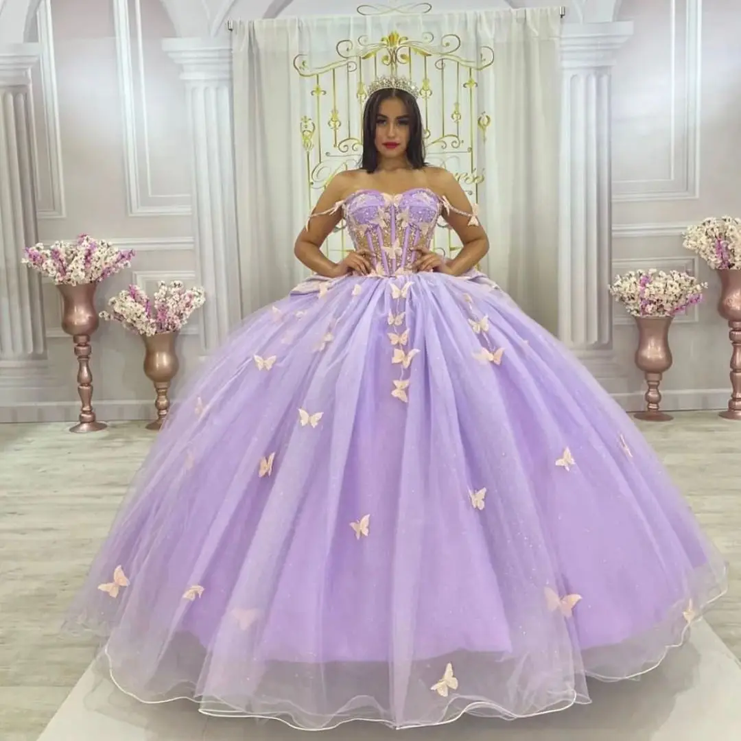

Блестящие сиреневые платья ANGELSBRIDEP с бабочкой и бантом, платье принцессы с открытыми плечами для выпускного вечера, 15 лет
