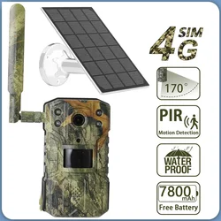 Solar Hunting Trail Camera 20M PIR Motion Detection Waterproof Wildlife Camera 4K 14MP 4G SIM Card 30M Night Vision 7800mAh