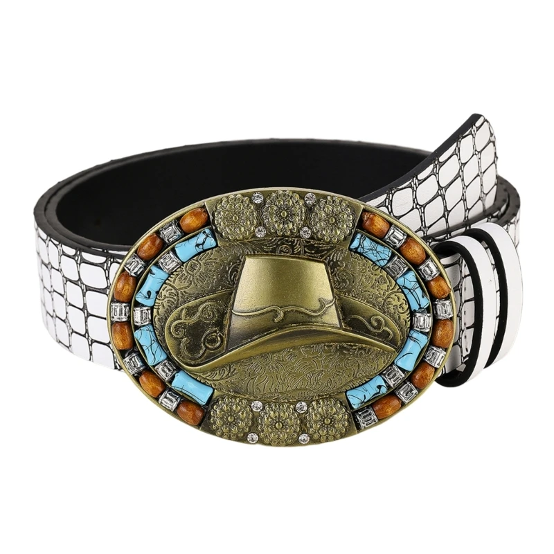 

White Cowboy Belt Jean Embossed Western Belt Vintage Buckle Belt Engraved Belt