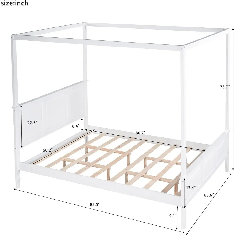 Solid Wood Queen Size 4-Post Canopy Platform Bed with Headboard and Footboard,Center Support Legs, Suitable for Curtains 5