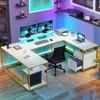 L Shaped Desk with Power Outlets & LED Lights, Reversible Computer Desk with Drawers & Storage Shelves, Large U Shaped Desk 1