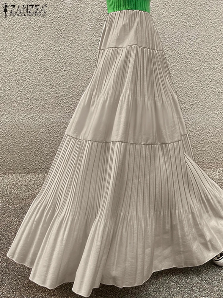 2025 ZANZEA Oversized Summer Maxi Skirts Women Elastic Waist Pleated Long Skirt Casual Solid Color High Waist Ruffled Skirts 4