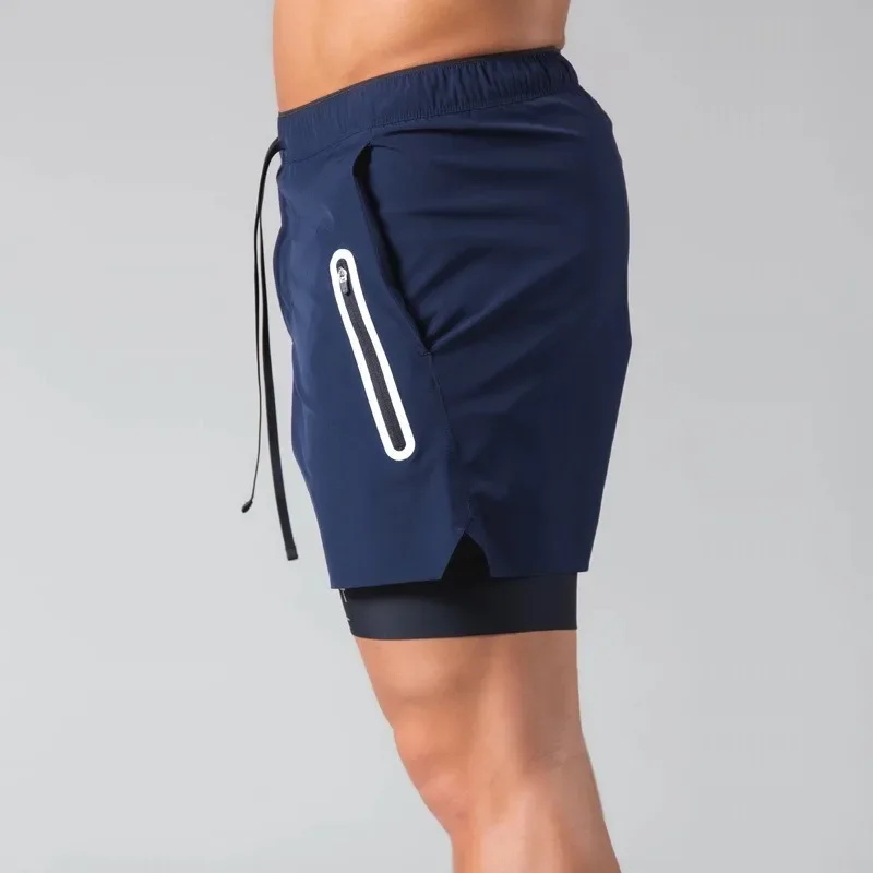 Men's Casual Loose Fit Basketball Shorts Summer Sport Fitness Quick Dry Double Layer Zipper Multi Pocket Leisure Pants