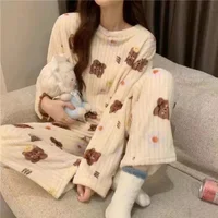 Thiened Long Sve Coral Fce Pajamas Women's Winter Home Clothes Set Cute Cartoon Print round Ne Spwear Set for Youth - Image 4