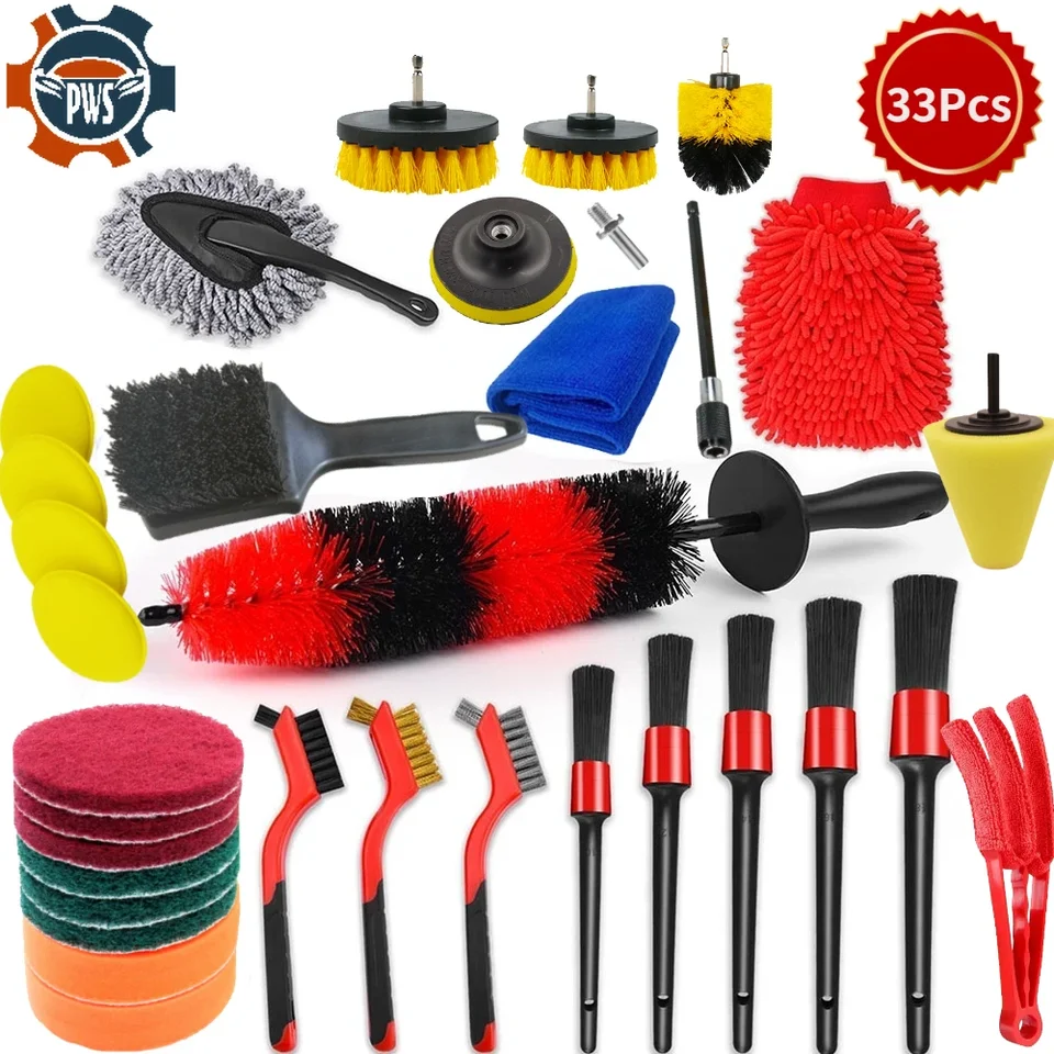 33pcs Car Cleaning Kit Interior Exterior Auto Detailing Wash Drill
