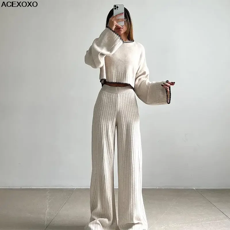 europe-and-the-united-states-women's-2023-autumn-and-winter-new-knitted-round-neck-long-sleeve-top-wide-leg-pants-casual-suit