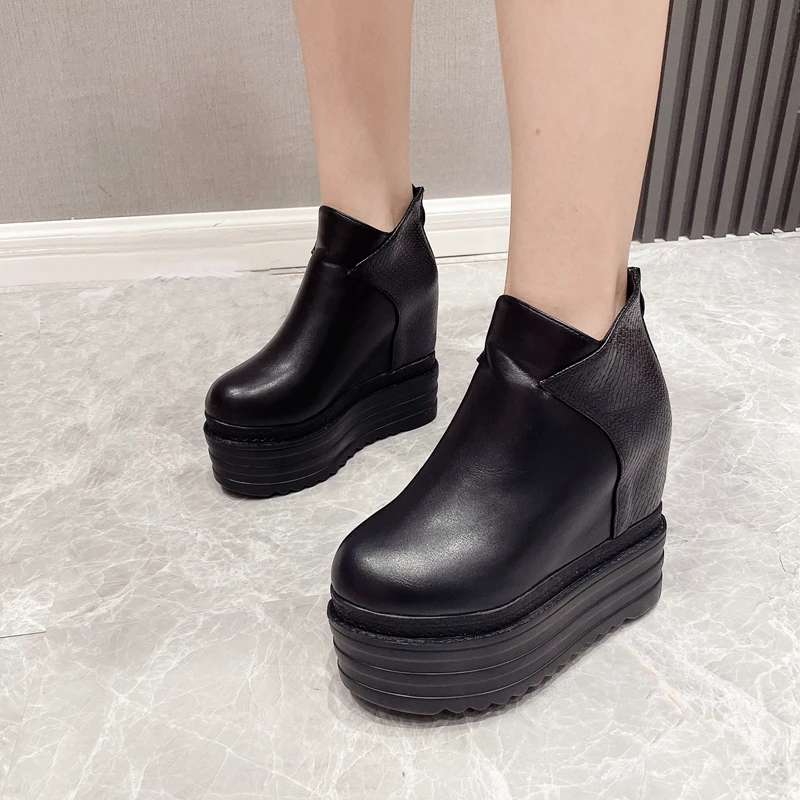 

13cm High Heels Boots Black Pu Leather Wedges Platforms Shoes Autumn Women Ankle Boots Height Increasing Wedges Shoes