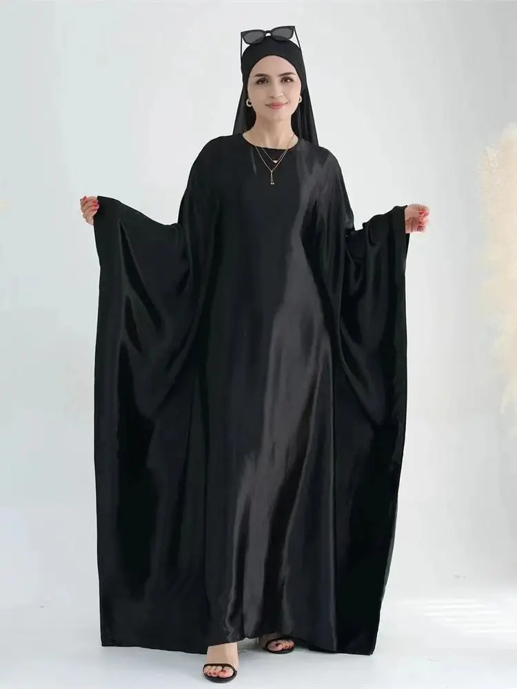 

Eid черный сатин с крыльями летучая мышь Мерцающая мягкая крепированная абайя Дубай роскошный 2024 мусульманский кафтан платье женская одежда
