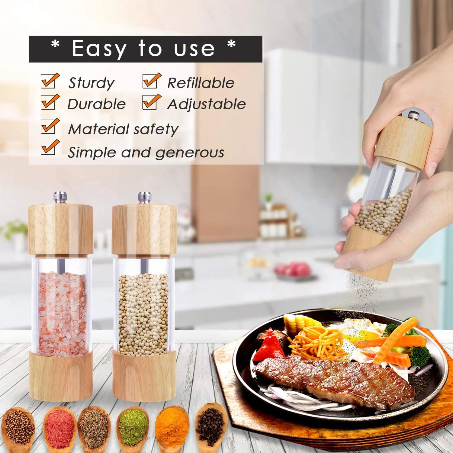Wooden Salt and Pepper Grinder Set Manual Mills with Acrylic Visible Window and Iron Stand Kitchen Helper 6 /8 Inches