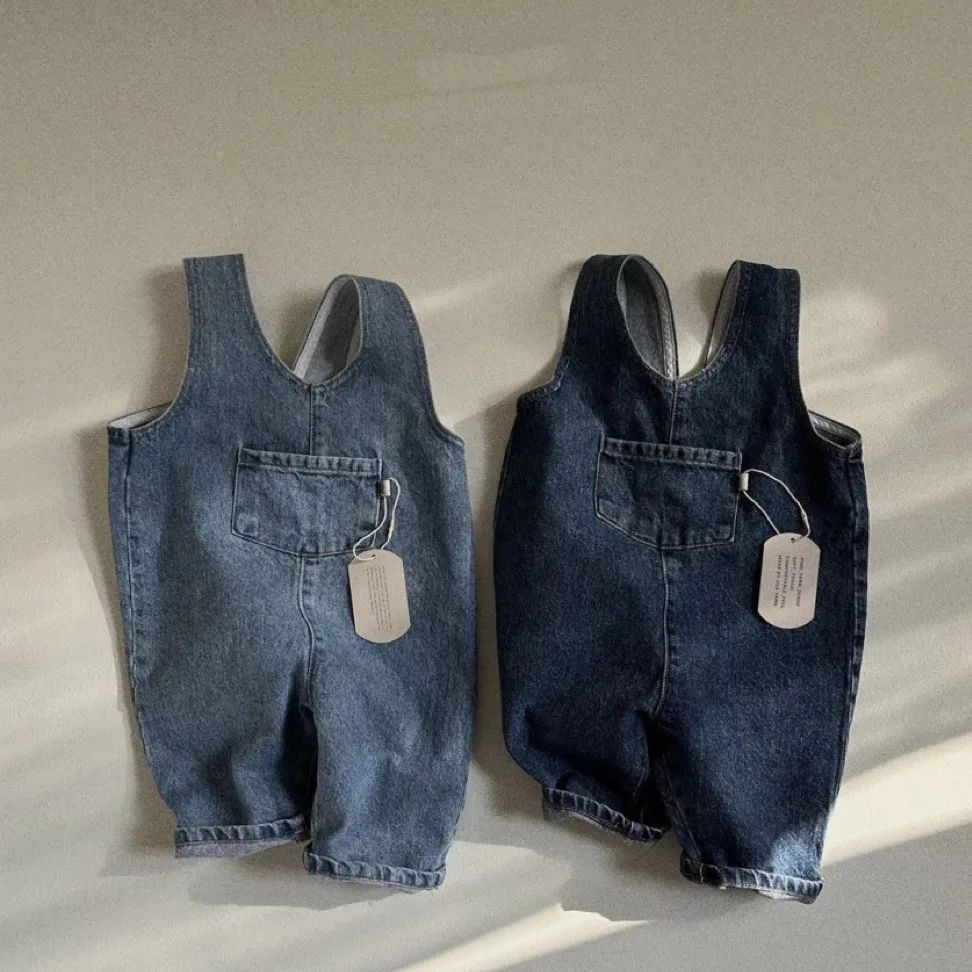 Korean Baby Pant Spring Cowboy Blue Solid Color Pocket One-piece Suspenders Pants For Boys and Girls 8897