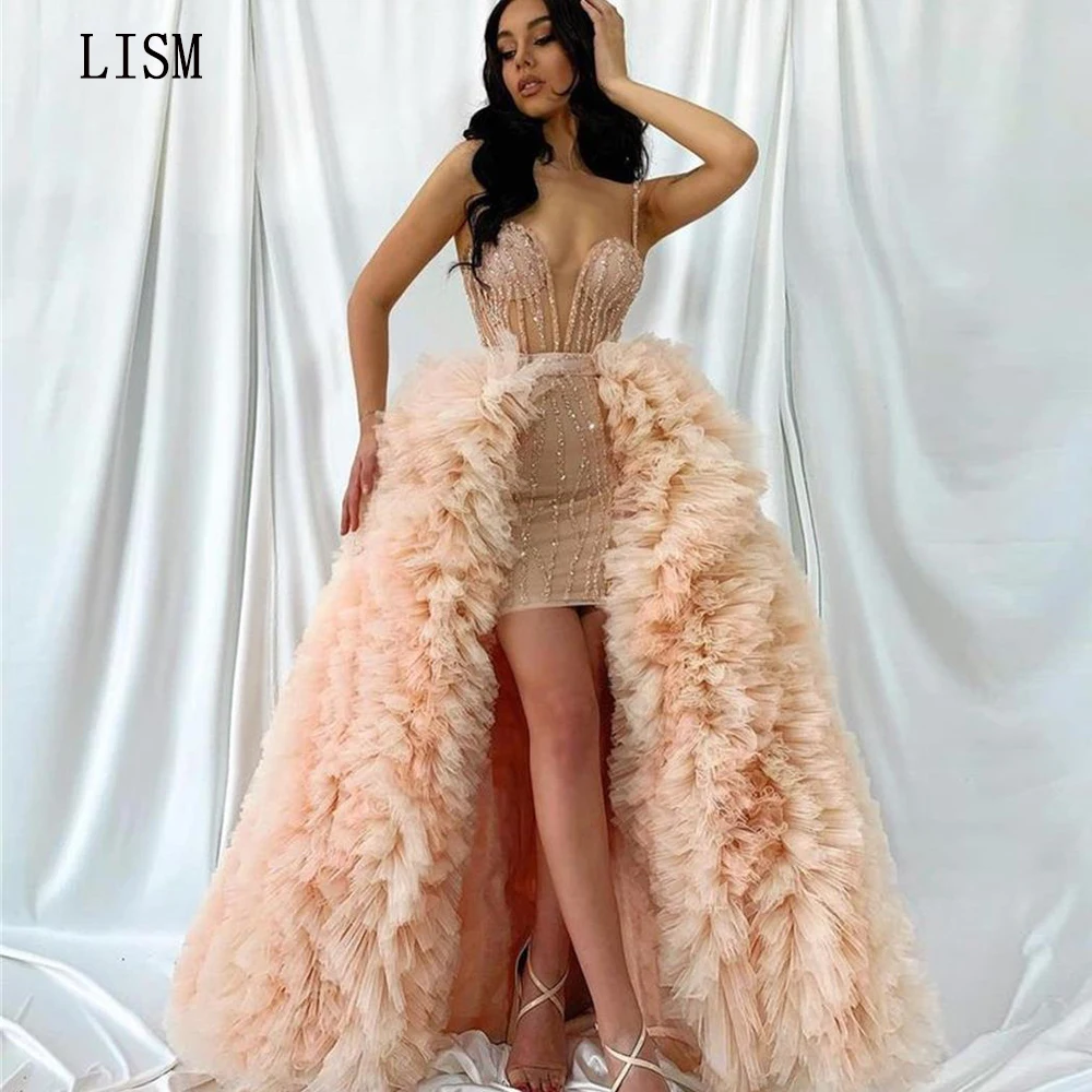 

Роскошные вечерние платья с блестками LISM на тонких бретельках, с высоким и низким вырезом, фатиновая ткань, индивидуальный пошив