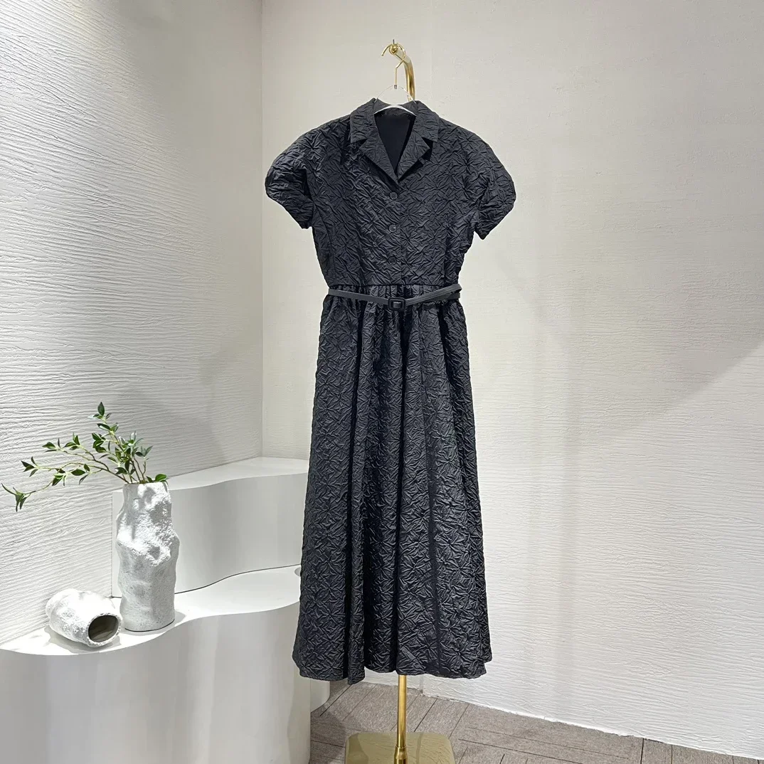 

Высококачественное Элегантное Черное жаккардовое платье миди с коротким рукавом-фонариком, весна 2024