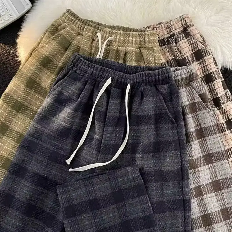 Pantaloni di lana scozzesi UM Youmi Pantaloni casual vintage dritti larghi primavera autunno 4