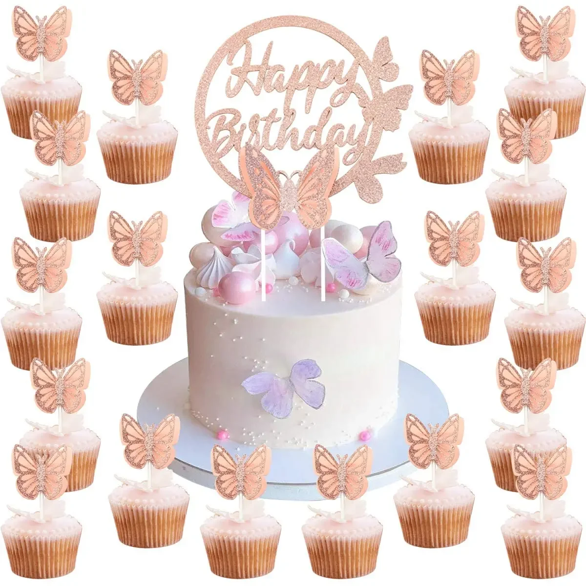 Butterfly Cupcake Toppers for Girls, Rose Gold, Glitter, Cake Topper Kit, Birthday Party Decorations, 25Pcs