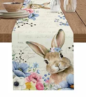 Easter Bunny Spring Flowers Linen Table Runner Washable Dresser Scarves Table Decor Festival Wedding Kitchen Decor Table Runner 1