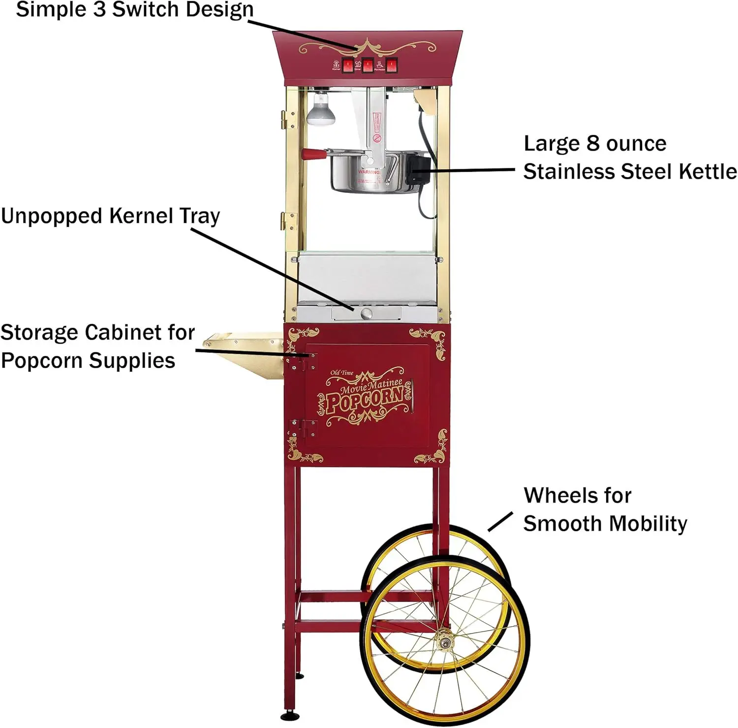 Popcorn Machine with Cart 8oz Popper with Stainless-Steel Kettle Warming Light and Accessories by Great Northern Popcorn Red
