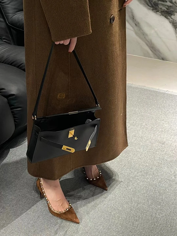 Spring 2024 new temperament Maillard cashmere rivet single shoes with pointed stilettos and short-toed high heels for women.
