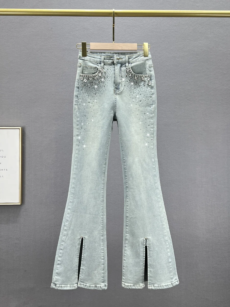 Woman Diamonds Black Jeans Long Jean Trousers 2024 Spring New Women's Elastic High Waist Slim-Fitting Bell-Bottom Denim Pants