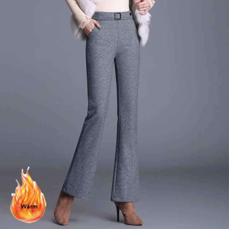 Autumn Winter Fleece Lined Flare Pant Women Korean High Waist  Woolden Blend Casual Trousers Big Size Plus Velvet Mom Pantalones