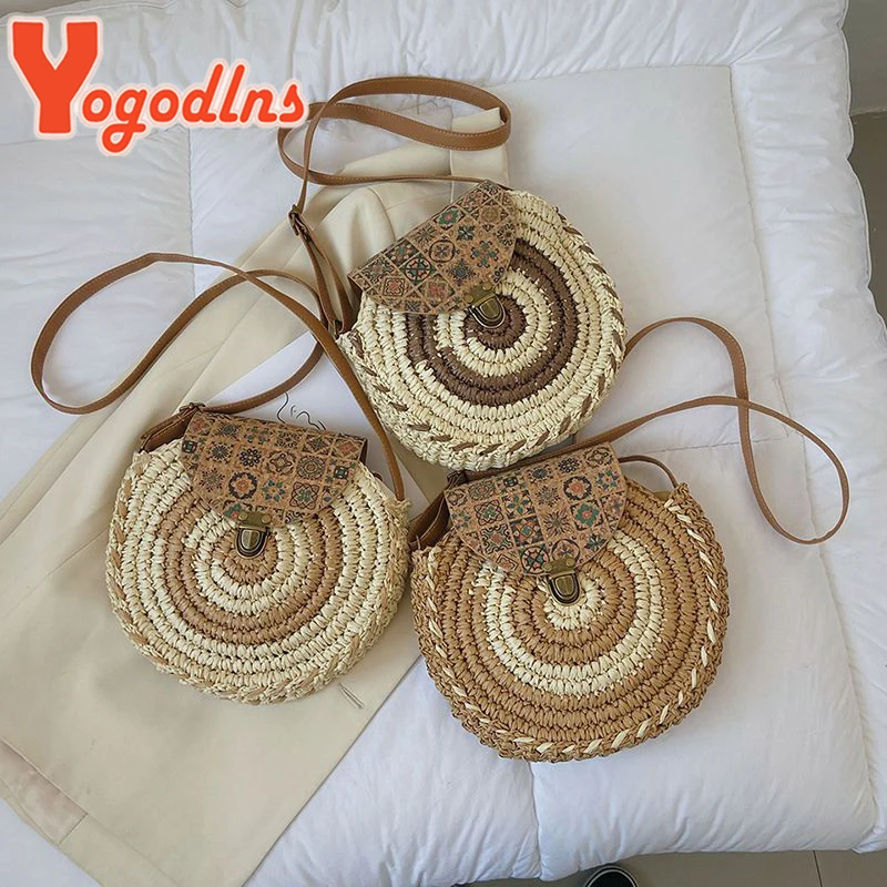 Round Straw Beach Bag Vintage Handmade Woven Shoulder Bags Raffia Circle Rattan Bohemian Summer Vacation Diagonal Pack