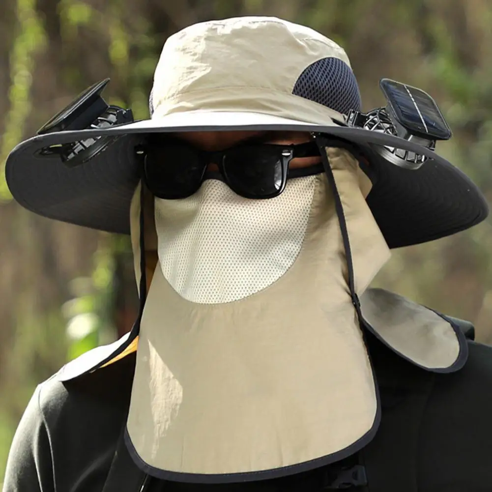 남녀공용 목 플랩 태양 선풍기 모자, 넓은 챙, UV 차단, 냉각 선풍기, 낚시 모자, 충전식 접이식 하이킹 태양 모자 
