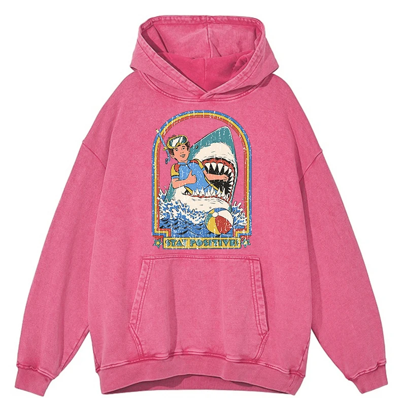 thumbnail image 1 of Sudadera con capucha para hombre, 100 % algodón, con lavado desgastado retro, con texto "Mantente positivo incluso si te comen los tiburones", ropa de abrigo holgada con capucha, 1 of 4