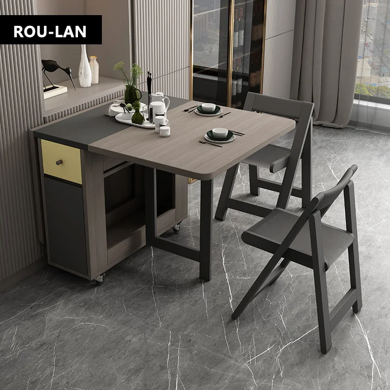Folding Dining Table with Storage Rack and Two Storage Drawers Movable Kitchen Table Extendable Versatile Space Saving dining table chair combination