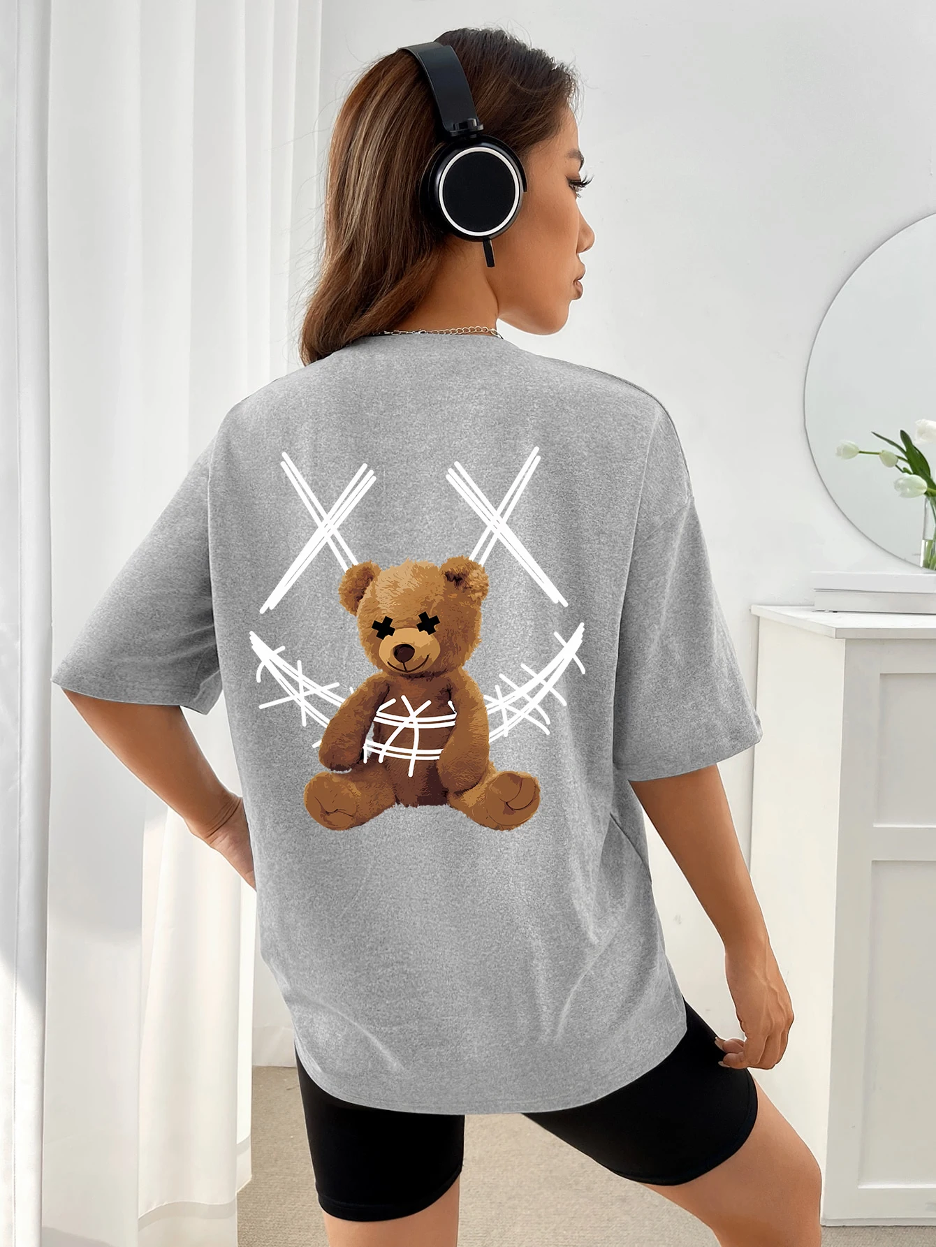 A Stuffed Bear Bound With A Bandage Print T-Shirts Female