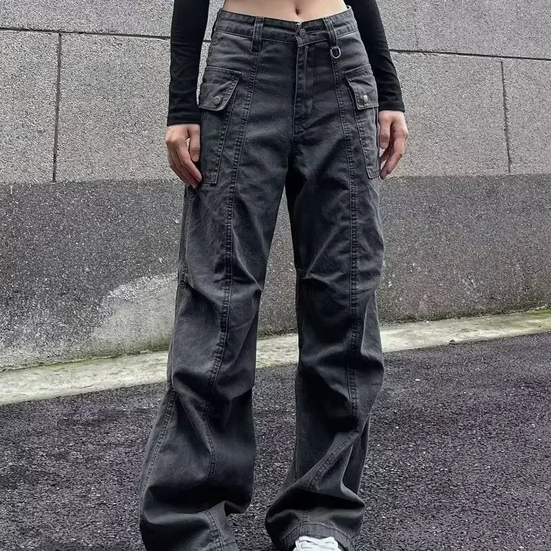 Multi-Pocket Casual Pants Female Straight Cargo Trousers Spring Summer Versatile Solid Color Pants Trendy High Street Trousers