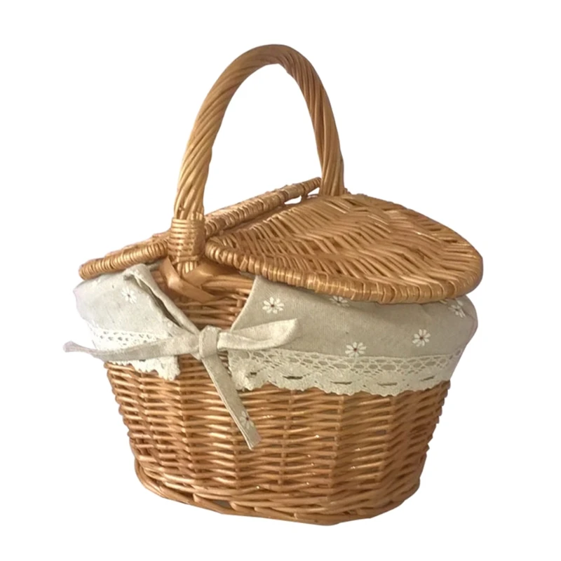 

Y1UB Handmade Wicker Woven Basket Wicker Hamper with Handle +Double Lid