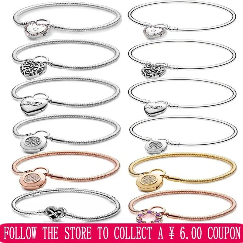 

925 Sterling Silver Original Logo Women's Pav é Dense Heart shaped Hanging Chain Buckle Snake shaped Bracelet DIY Jewelry Gift