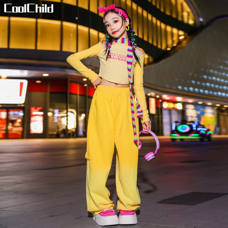 Girls Lovely Streetwear Children Hip Hop Crop Top Gradient Loose Pants Teen Clothes Sets Kids Street Dance Sweet Jazz Costumes