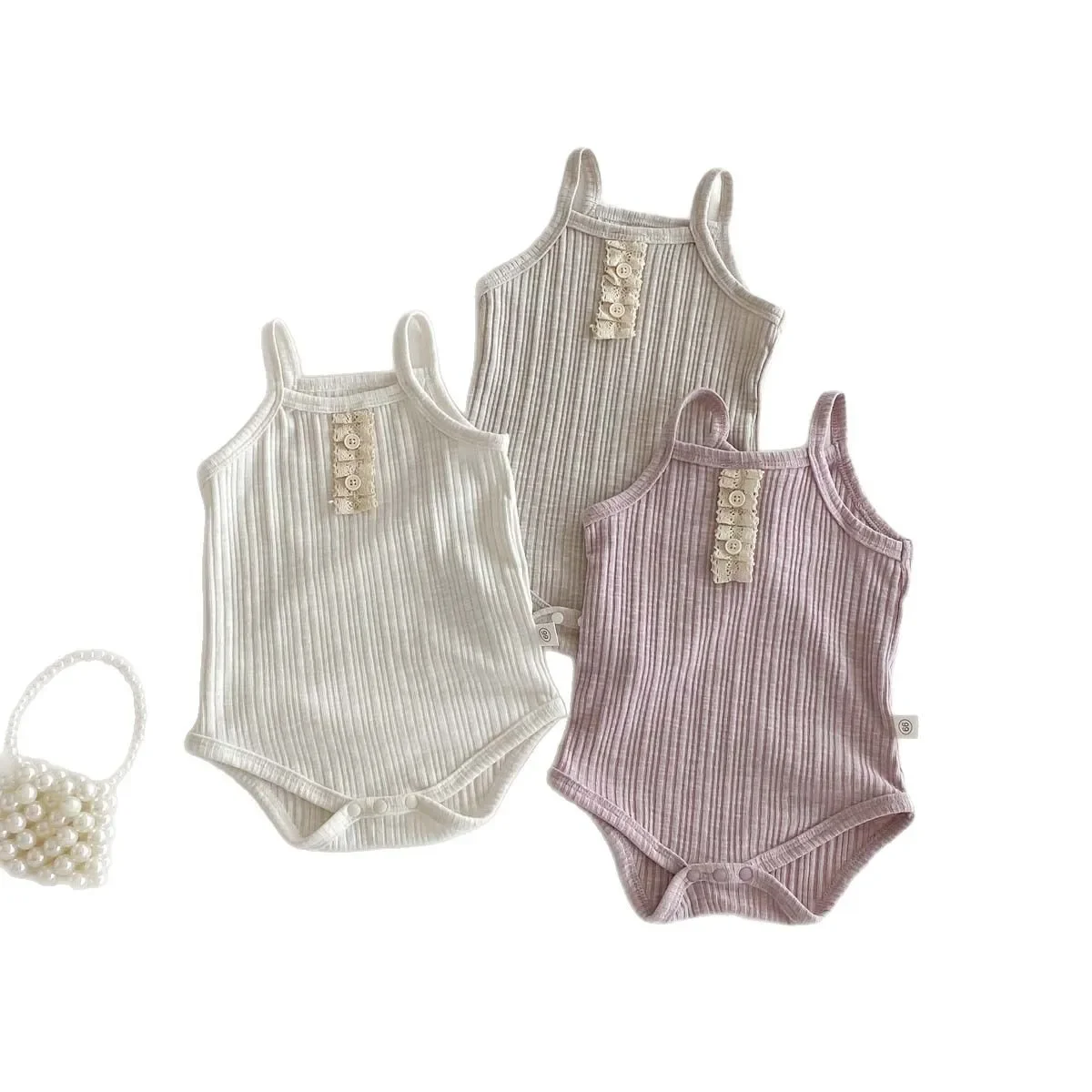 Summer Korean Style Baby Lace Trim Romper Girl Simple Strap Bodysuit Cotton Pantsuit for Baby Girl Infant Clothing