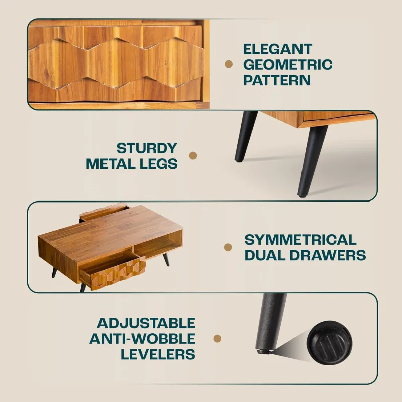 Bme Georgina Solid Wood Coffee Tables for Living Room,Coffee Table Mid Century Modern with 2 Symmetrical Storage Drawers &amp