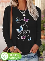 Women's 100% Cotton Butterfly T-shirt Print Soft Blue Purple Butterfly Round Neck Long Sleeve Casual Winter Fall T Shirt
