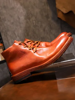 High-end Gray Men Genuine Leather Desert Boots Round Toe High Top Leather Boots Outdoor Work Shoes Hiking Motorcycle Boots